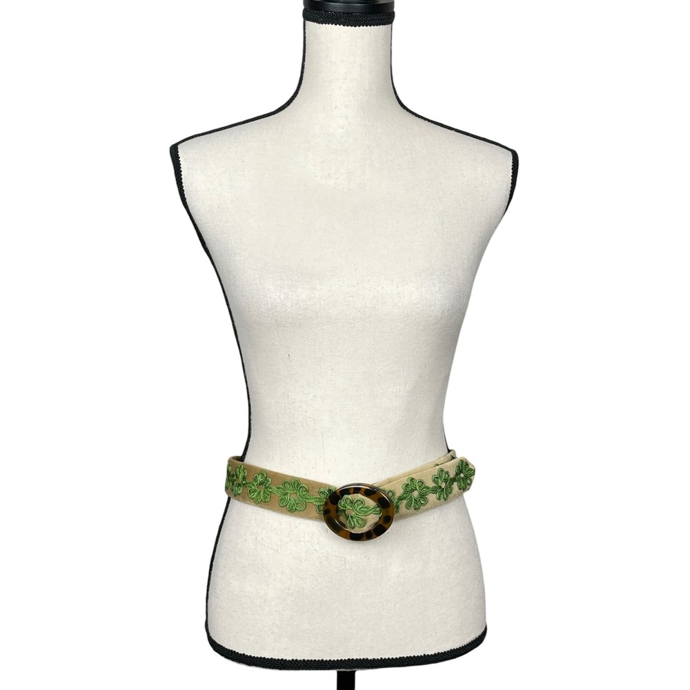 J. McLaughlin Womens Tan Velvet Belt Green Embroidery Tortoise Buckle S Preppy - Picture 3 of 9